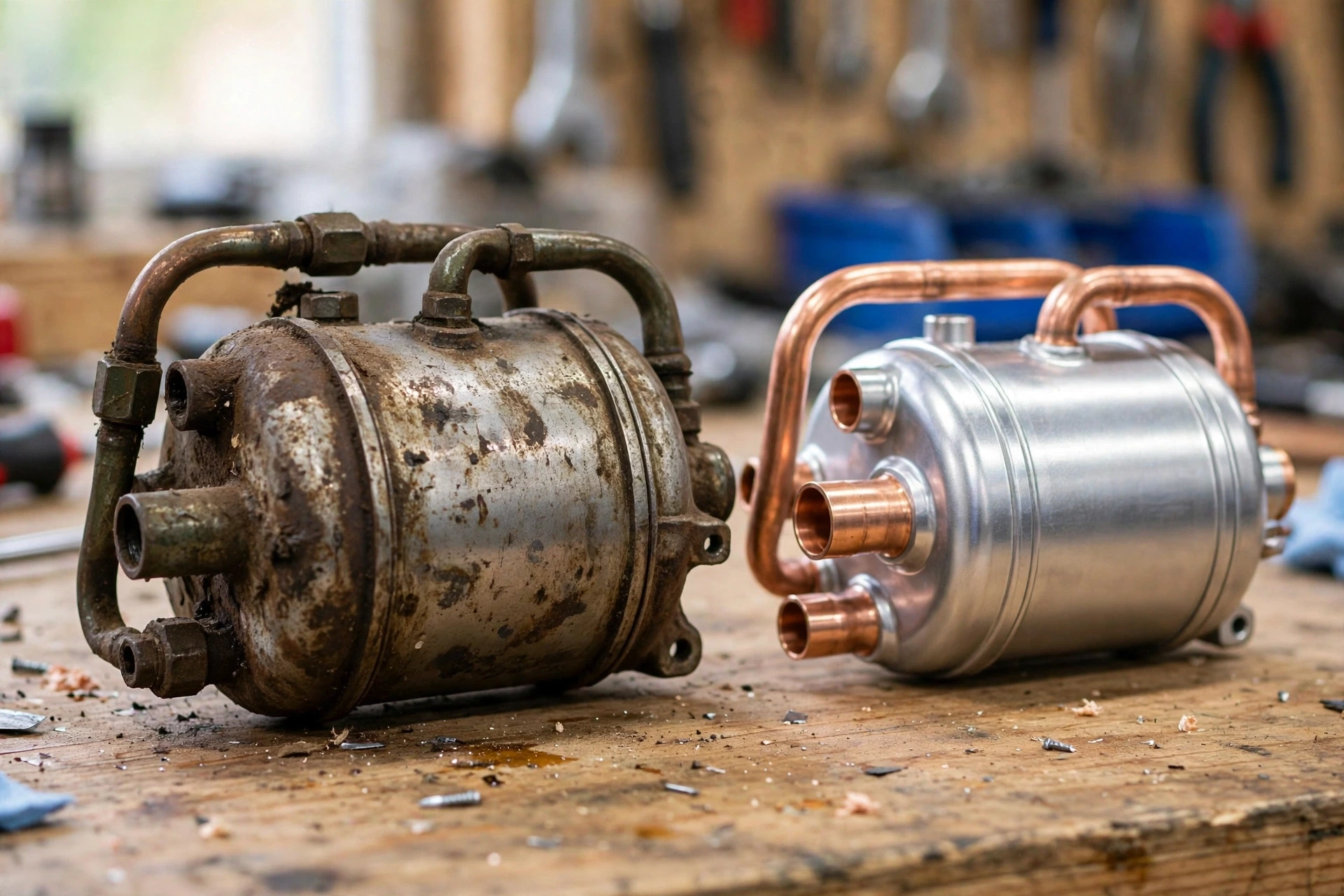 Worn appliance part beside a new replacement part