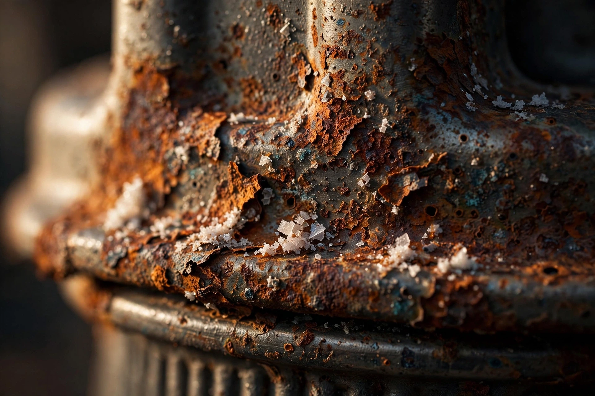 Close-up of salt air corrosion on an appliance component