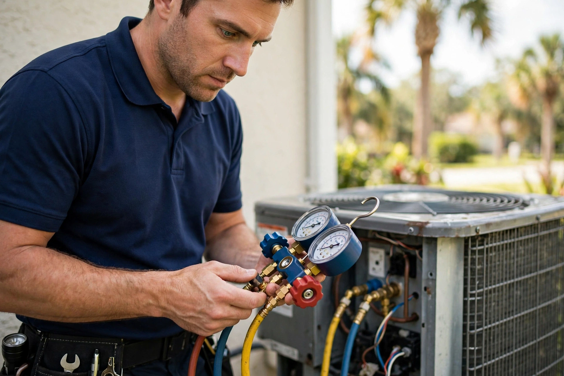 Technician checking an air conditioner condenser with gauges outside a Sarasota, FL home