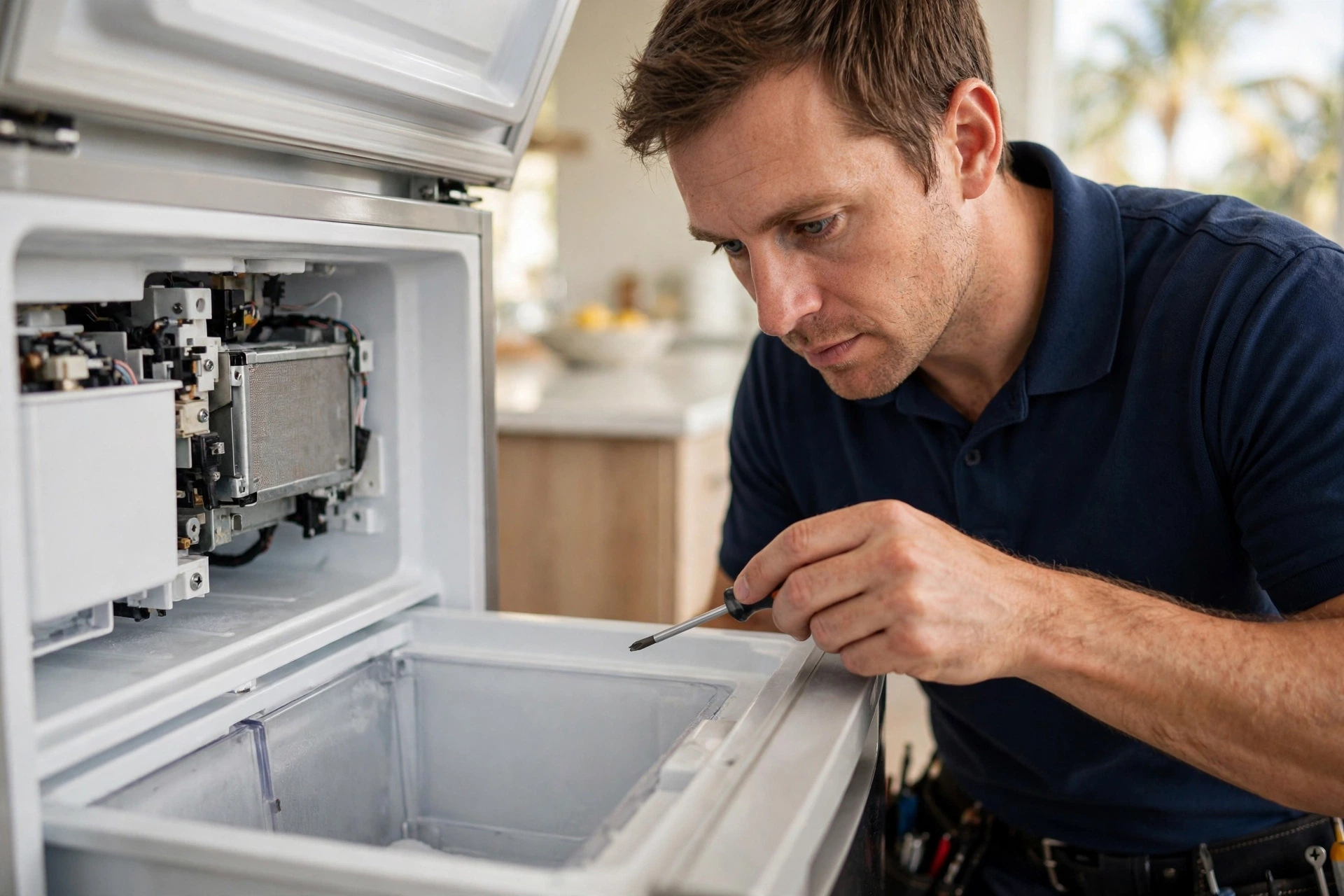 Technician repairing a refrigerator ice maker in a Sarasota, FL kitchen