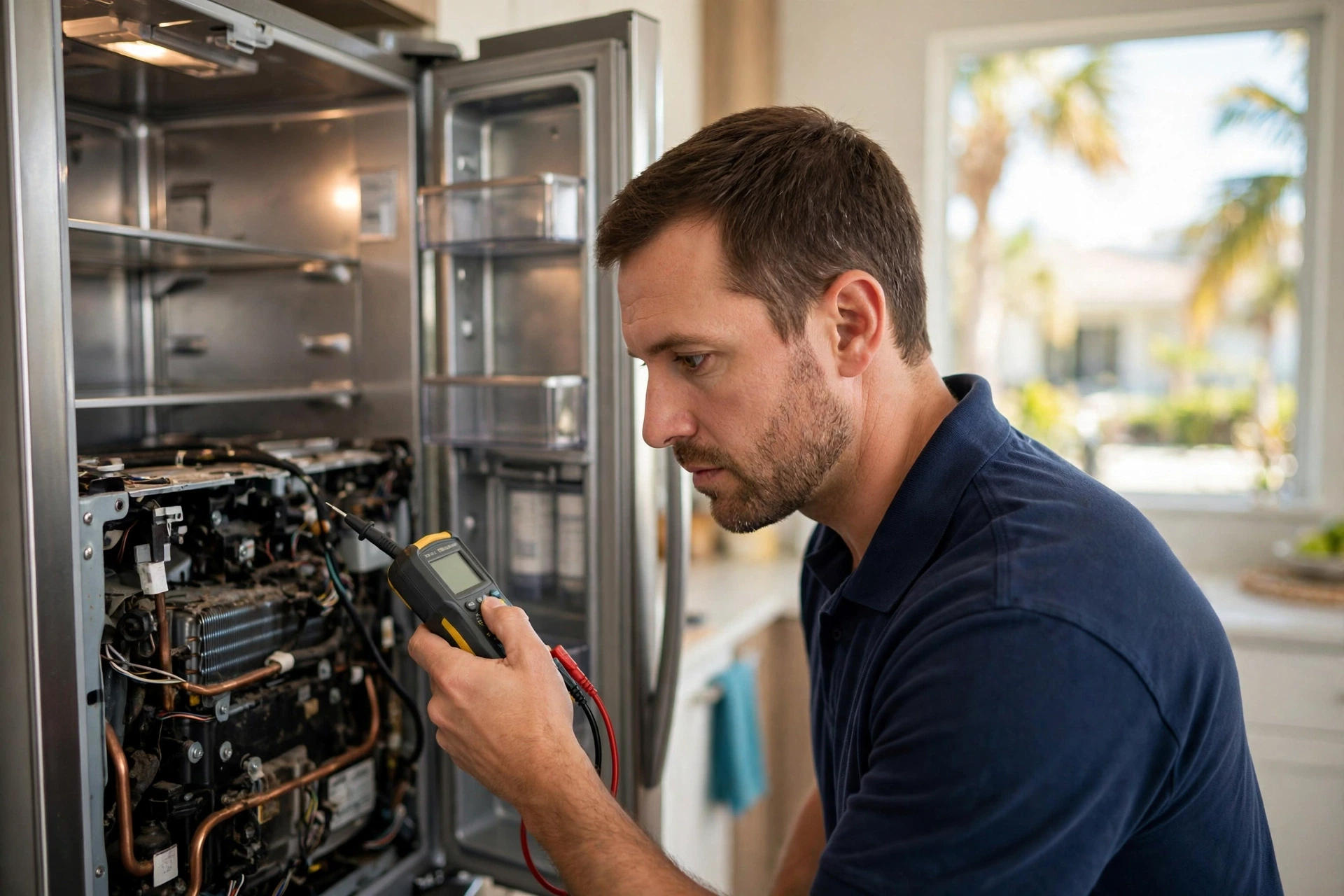Technician diagnosing a refrigerator with a multimeter in a Sarasota, FL kitchen