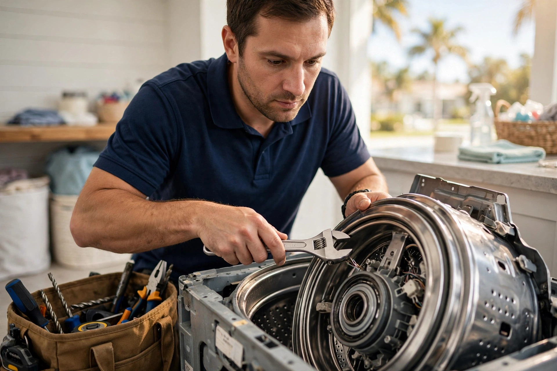 Technician repairing a front-load washing machine in a Sarasota, FL laundry room