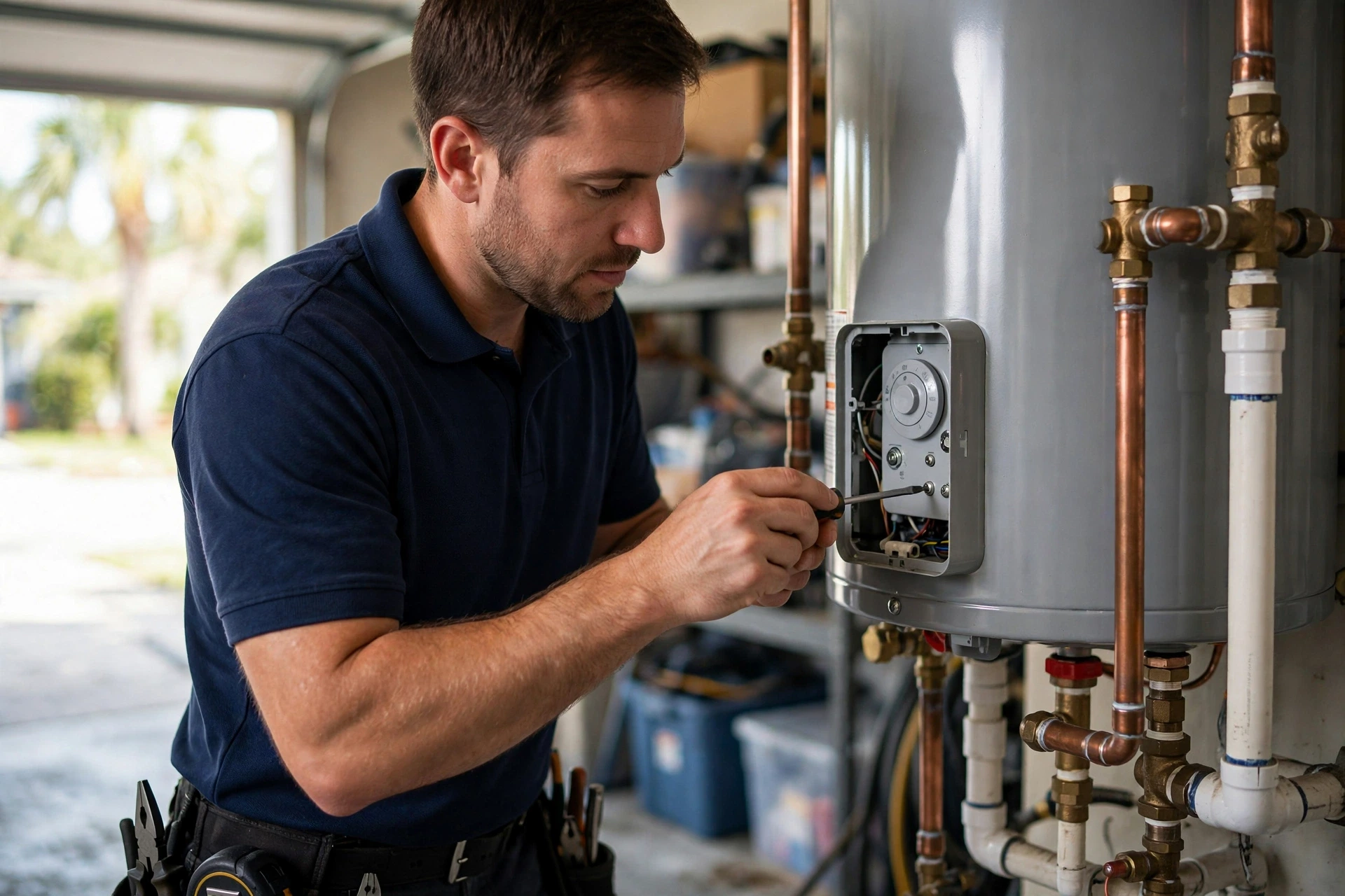 Technician servicing a water heater in a Sarasota, FL garage