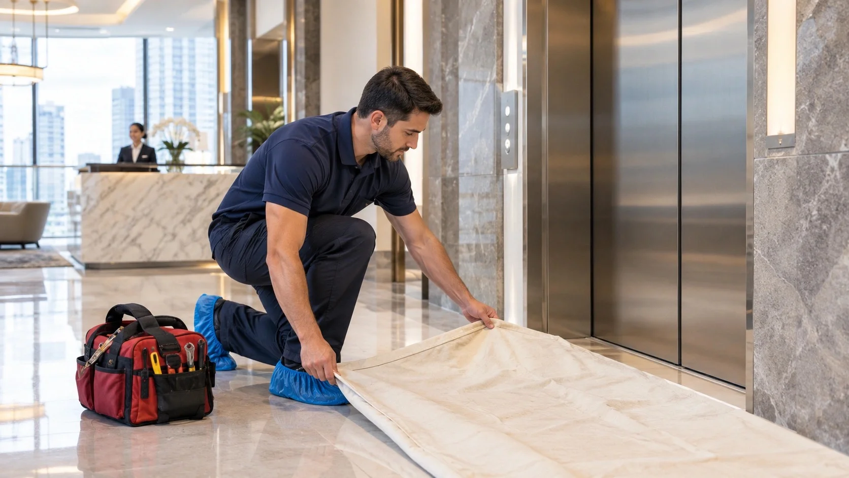 Technician with tool bag entering a high-rise condo elevator