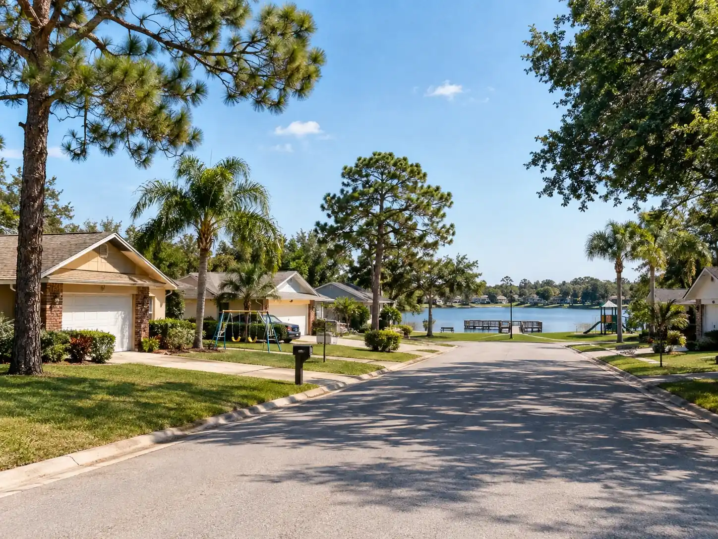 Suburban street with family homes in Desoto Lakes, Sarasota