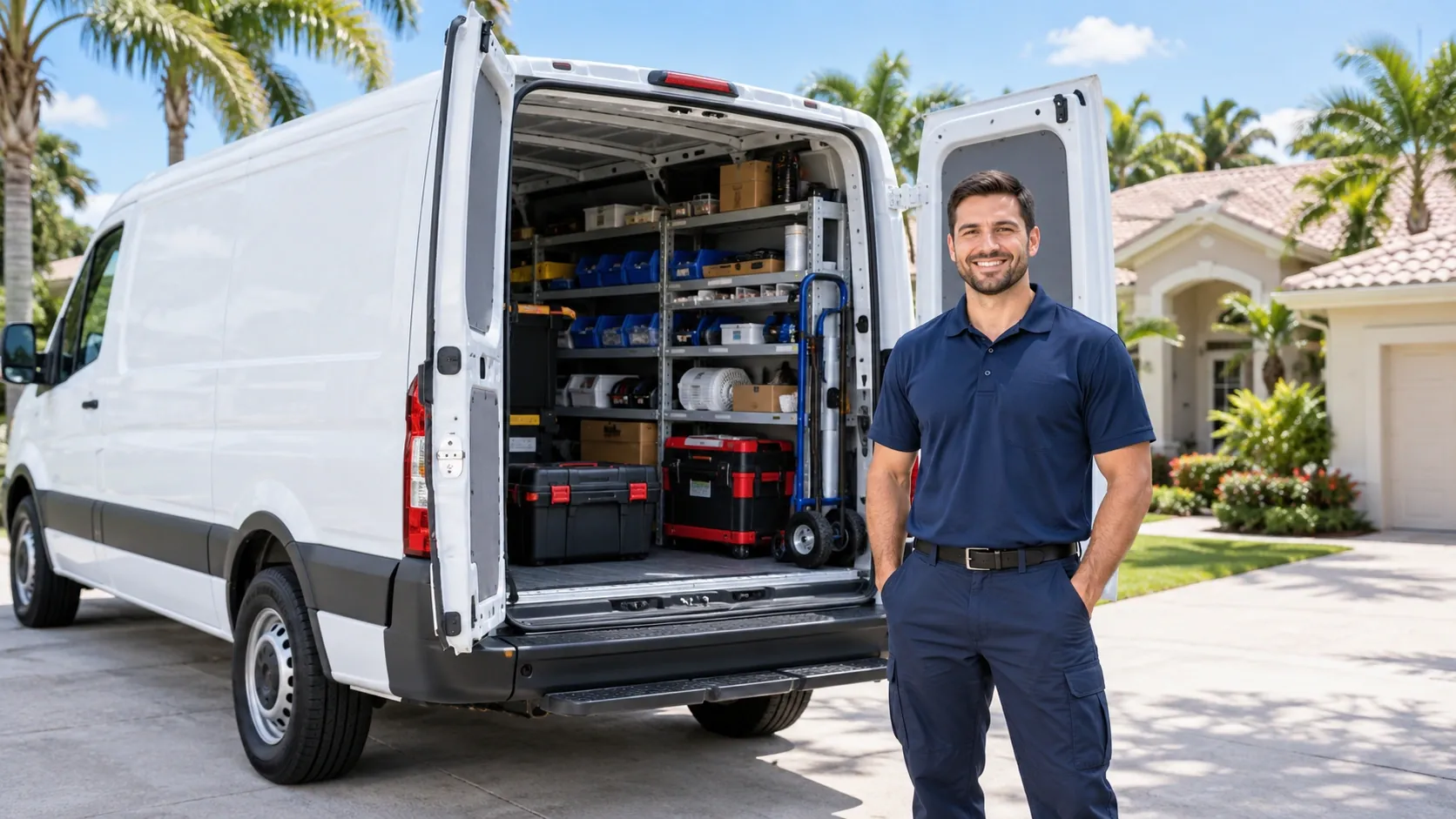 Appliance repair van parked in an East Sarasota residential driveway