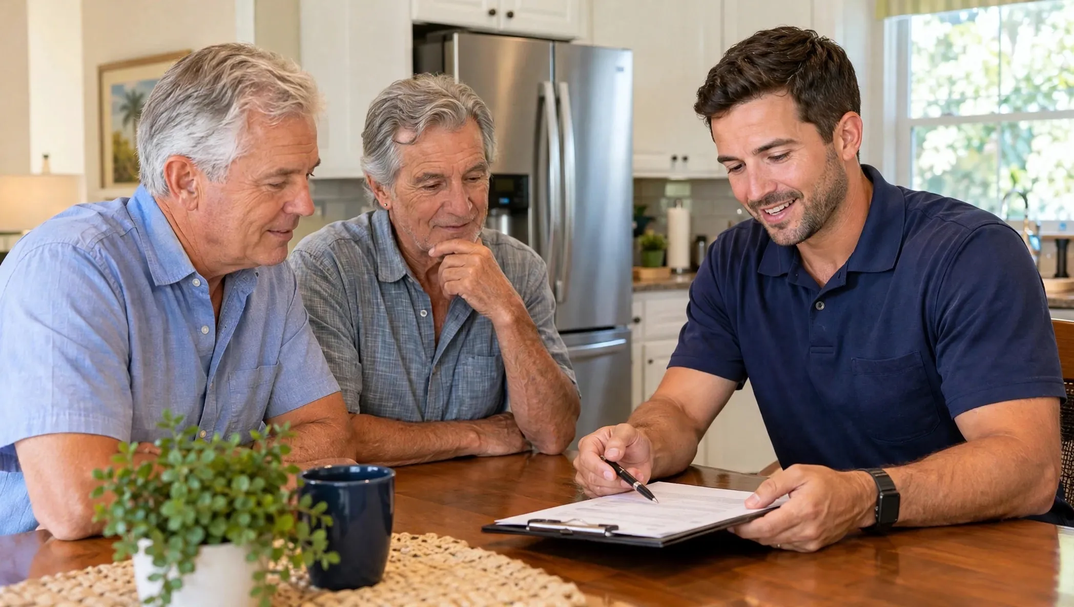 Technician explaining a written repair quote to a homeowner