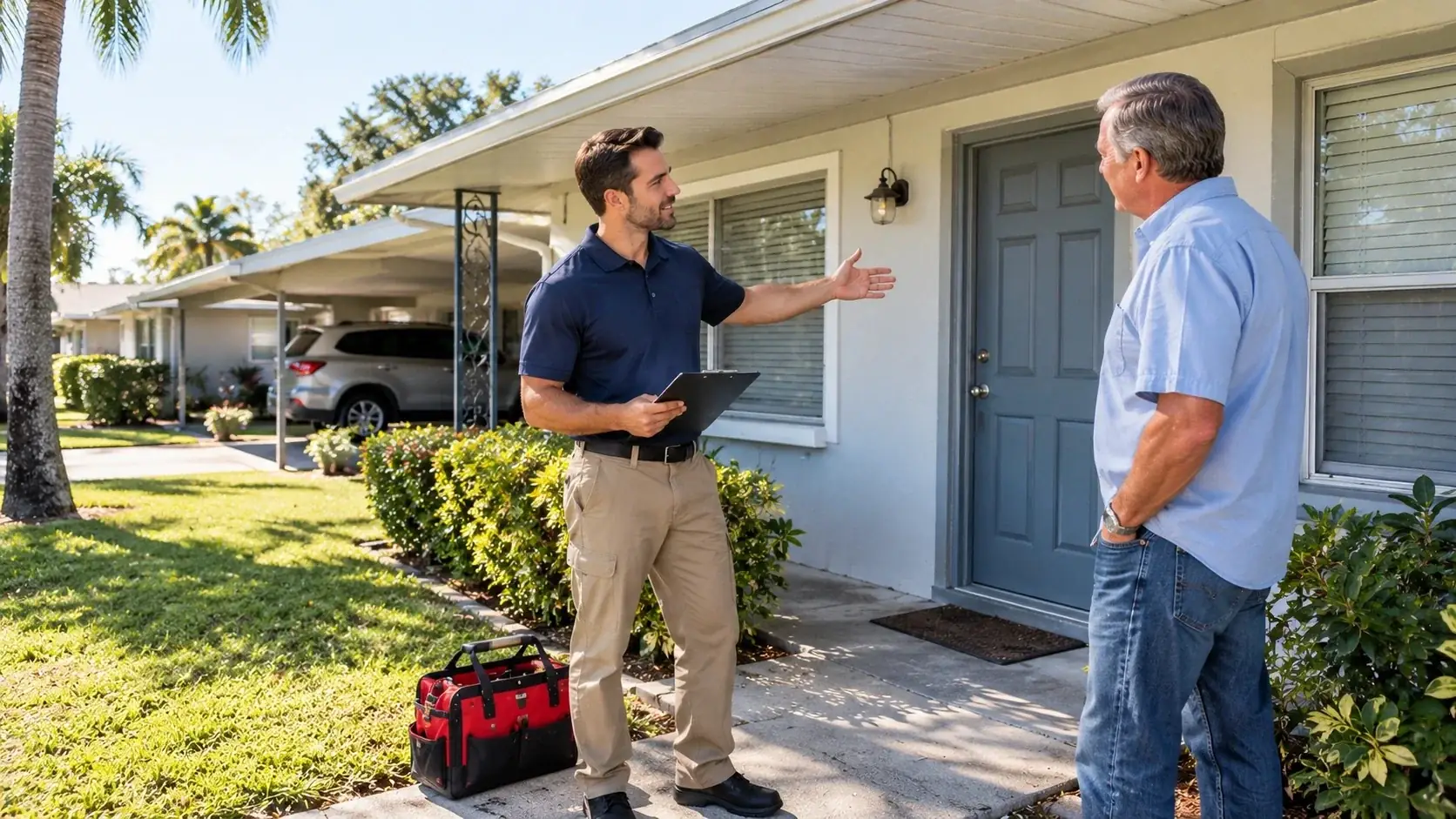 Technician shaking hands with a property owner at a rental home