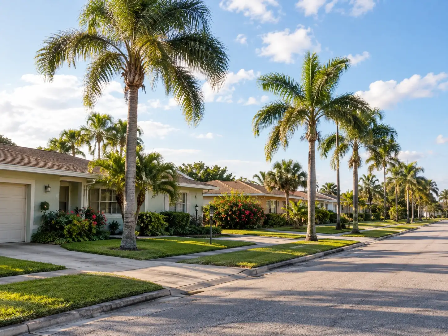 Quiet residential street with ranch homes and palm trees in Gulf Gate Estates, Sarasota