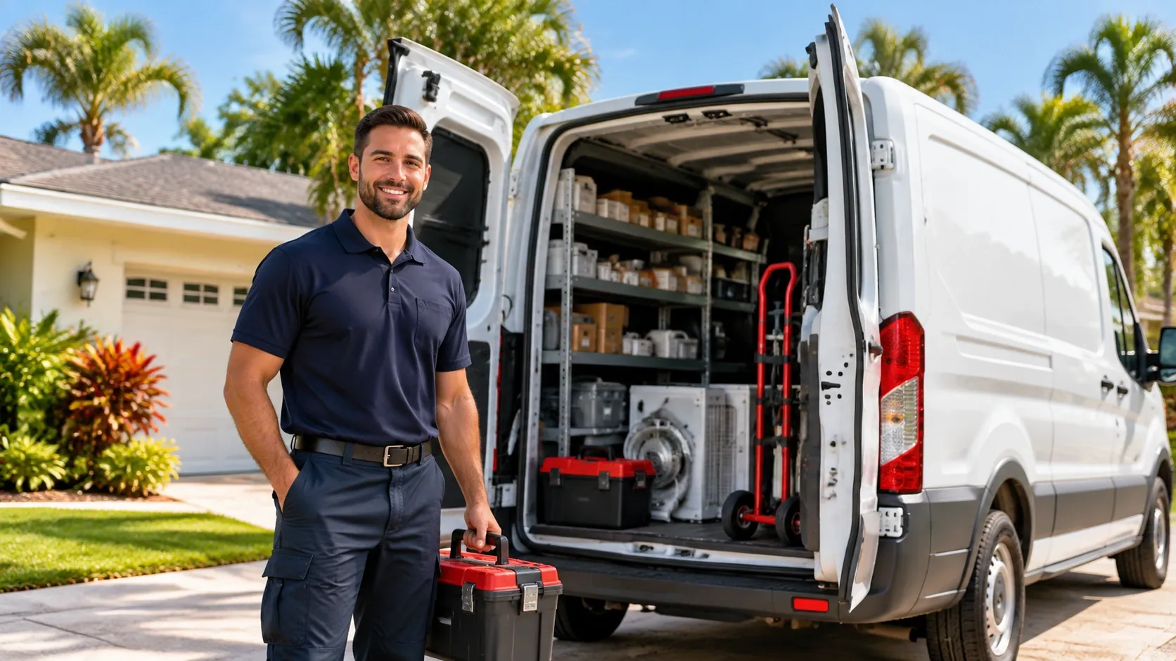 Appliance repair service van with open doors showing organized parts shelves in a Sarasota driveway