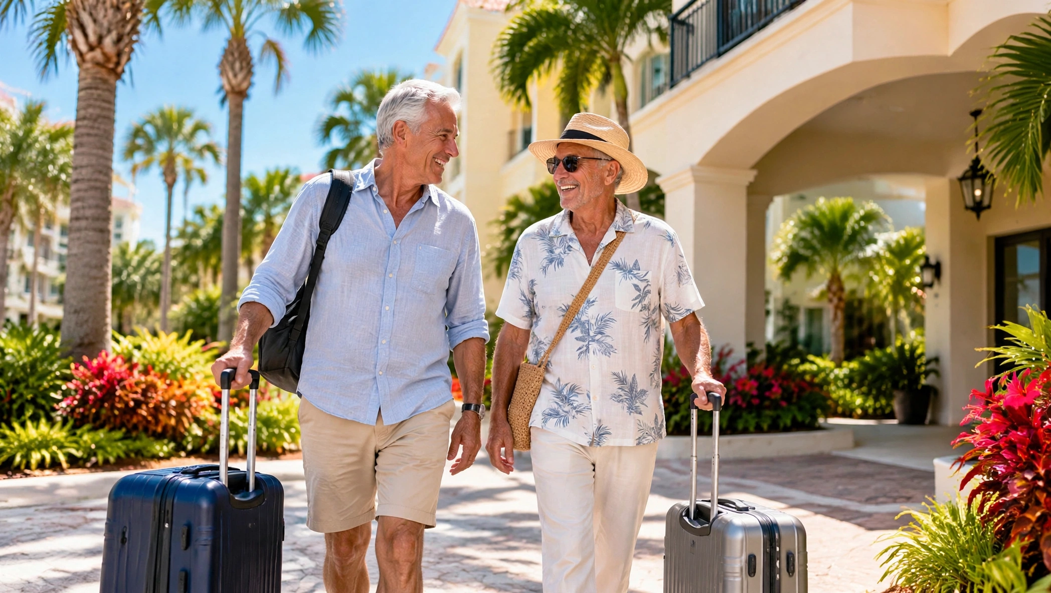 Retired couple arriving with suitcases at a Florida condo community for the season