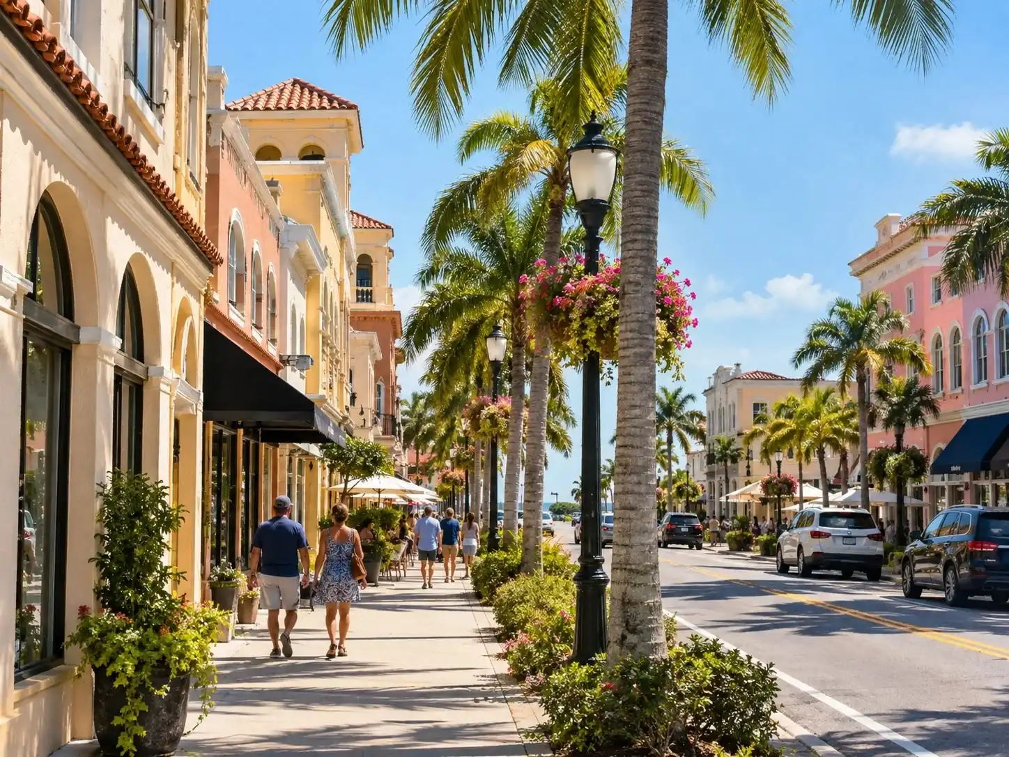 Historic storefronts and palms along Venice Avenue on Venice Island